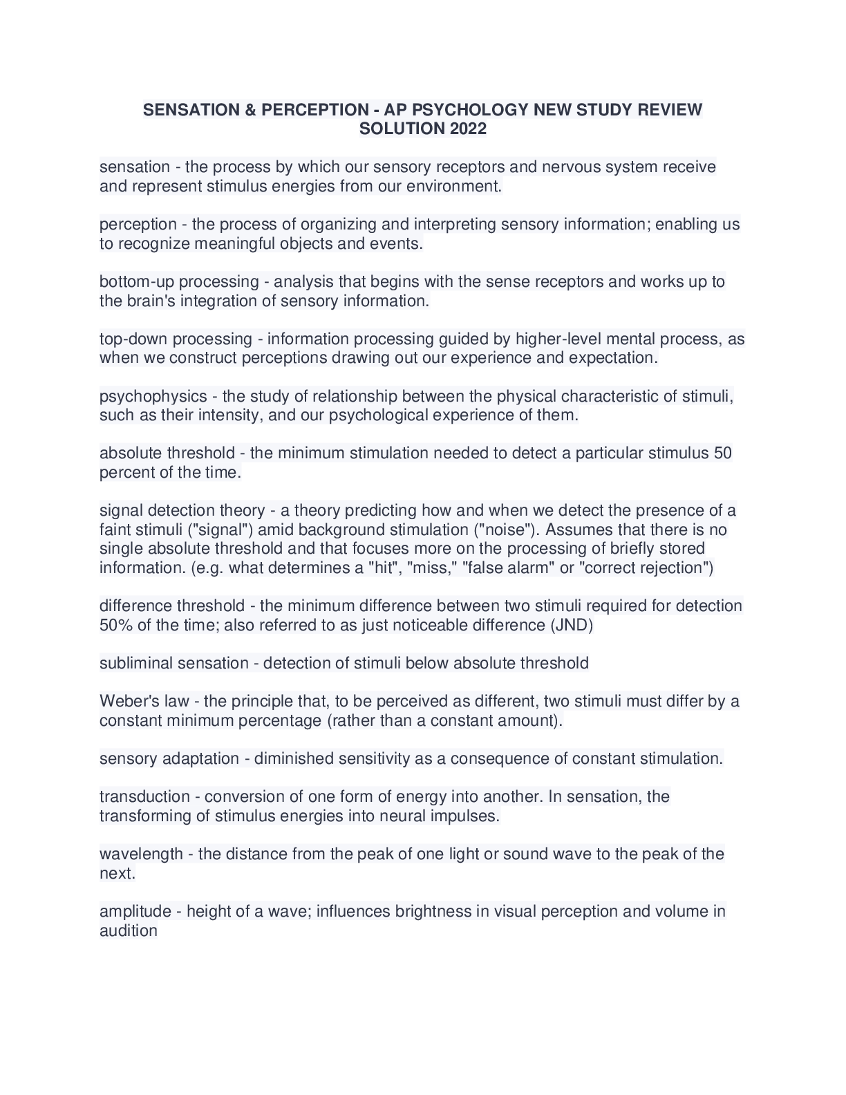 Preview image for SENSATION & PERCEPTION - AP PSYCHOLOGY NEW STUDY REVIEW  SOLUTION 2022